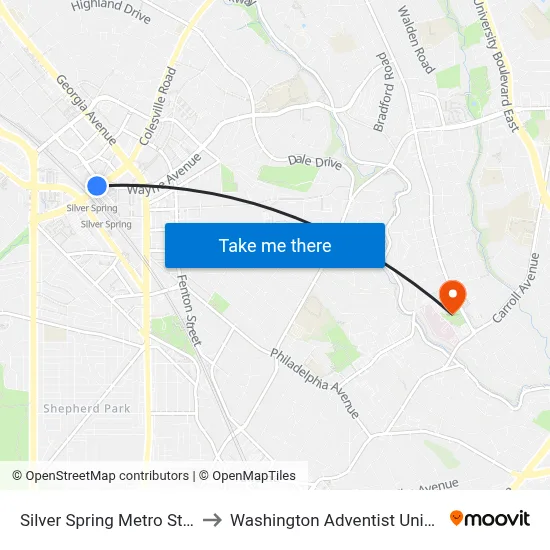 Silver Spring Metro Station to Washington Adventist University map