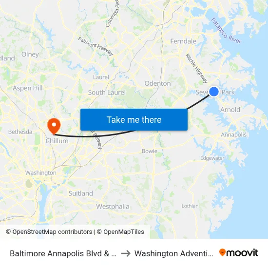 Baltimore Annapolis Blvd & Ritchie Hwy Nb to Washington Adventist University map