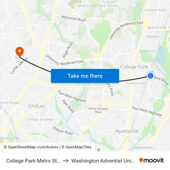 College Park Metro Station to Washington Adventist University map