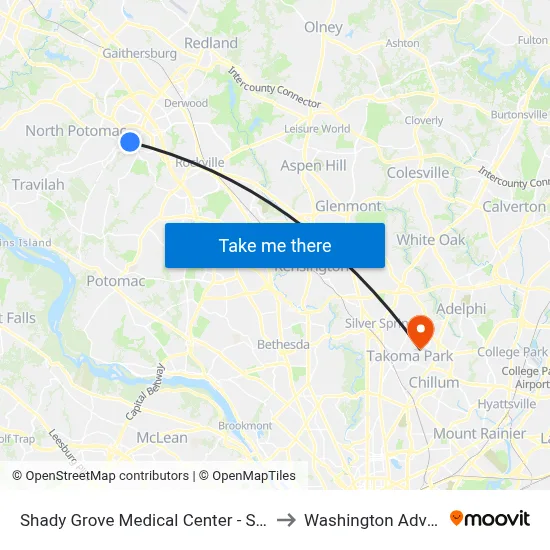 Shady Grove Medical Center - South & Medical Center Way to Washington Adventist University map