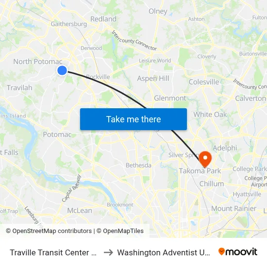 Traville Transit Center & Bay C to Washington Adventist University map