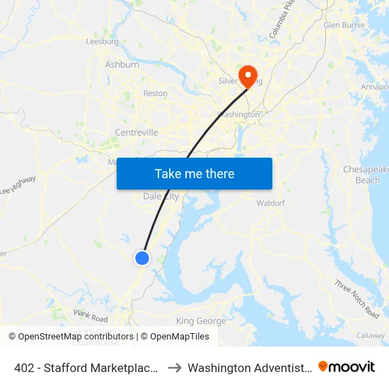 402 - Stafford Marketplace (T.J. Maxx) to Washington Adventist University map