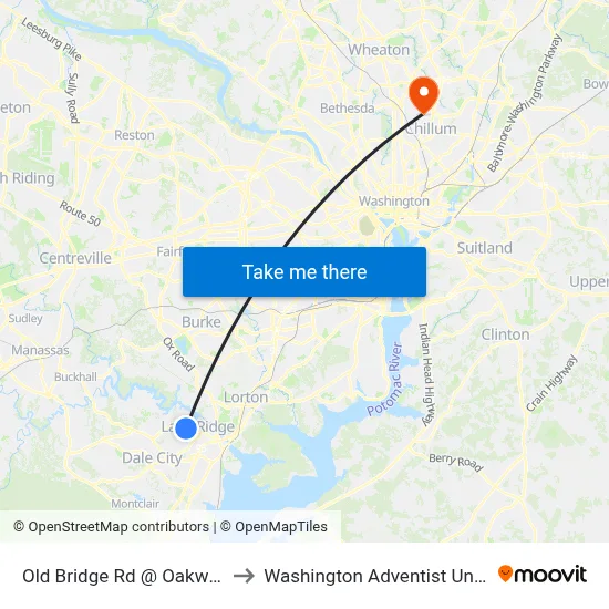 Old Bridge Rd @ Oakwood Dr to Washington Adventist University map