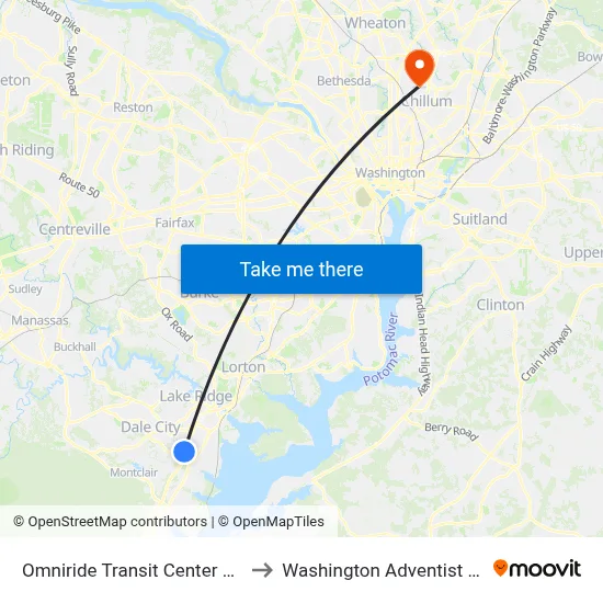 Omniride Transit Center Departures to Washington Adventist University map