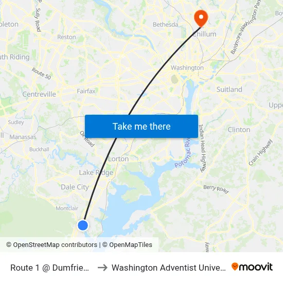 Route 1 @ Dumfries Rd to Washington Adventist University map