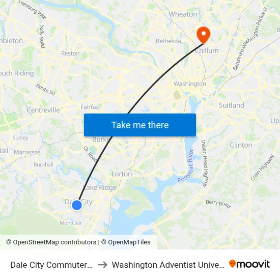 Dale City Commuter Lot to Washington Adventist University map