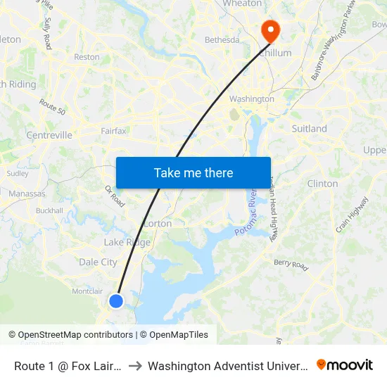 Route 1 @ Fox Lair Dr to Washington Adventist University map