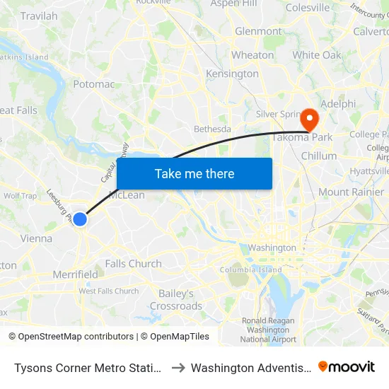 Tysons Corner Metro Station Departures to Washington Adventist University map