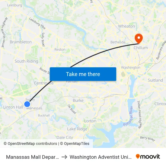 Manassas Mall Departures to Washington Adventist University map