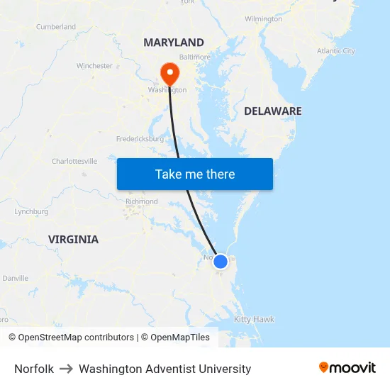 Norfolk to Washington Adventist University map