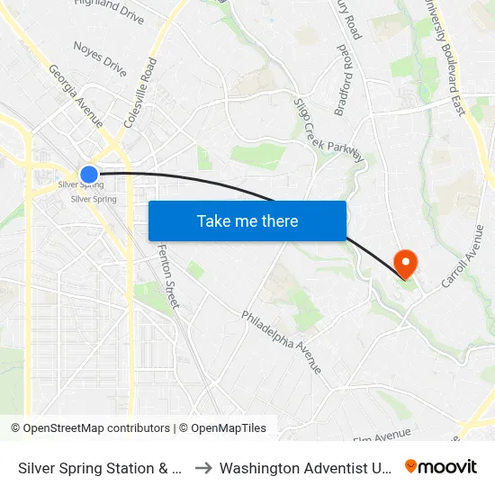 Silver Spring Station & Bay 105 to Washington Adventist University map