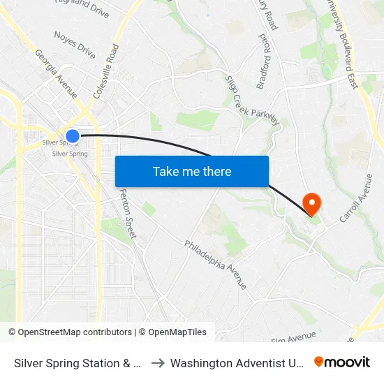 Silver Spring Station & Bay 111 to Washington Adventist University map