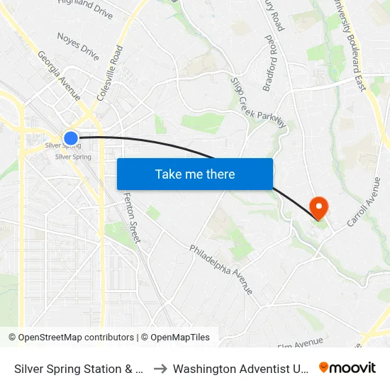 Silver Spring Station & Bay 222 to Washington Adventist University map
