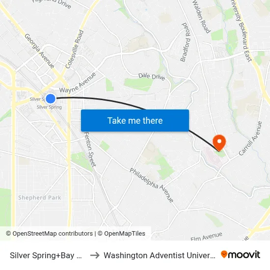 Silver Spring+Bay 104 to Washington Adventist University map