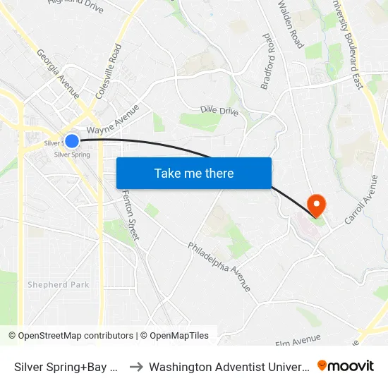 Silver Spring+Bay 103 to Washington Adventist University map