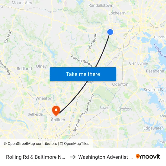 Rolling Rd & Baltimore National Pike to Washington Adventist University map