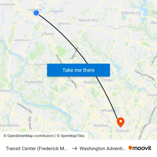 Transit Center (Frederick Marc Train Station) to Washington Adventist University map