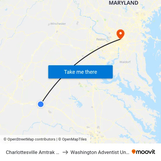 Charlottesville Amtrak Station to Washington Adventist University map