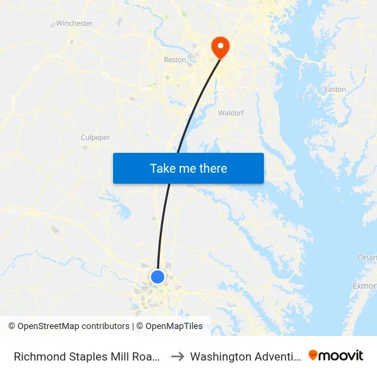 Richmond Staples Mill Road Amtrak Station to Washington Adventist University map