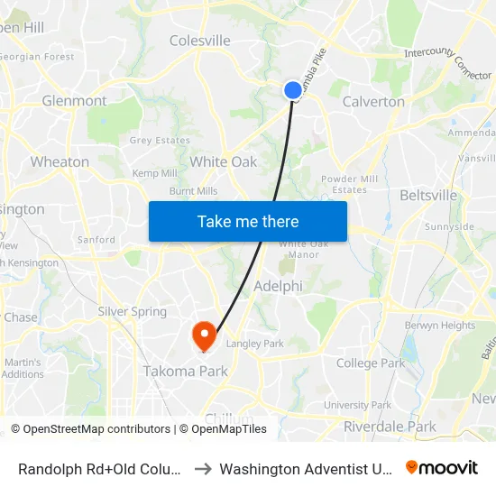 Randolph Rd+Old Columbia Pk to Washington Adventist University map