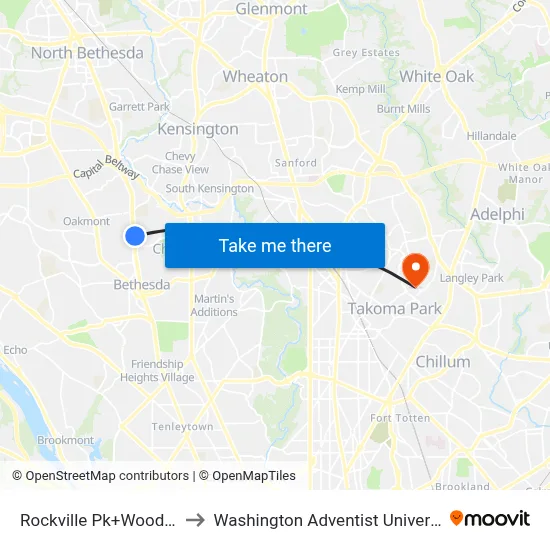 Rockville Pk+Wood Rd to Washington Adventist University map