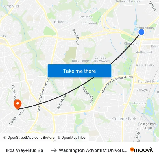 Ikea Way+Bus Bay 3 to Washington Adventist University map