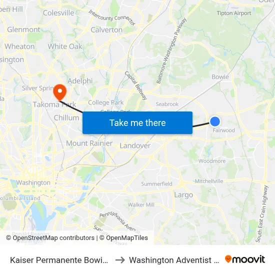 Kaiser Permanente Bowie Fairwood to Washington Adventist University map