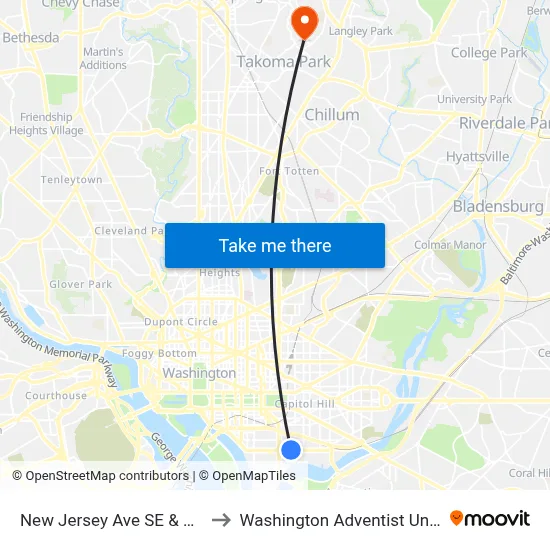 New Jersey Ave SE & M St SE to Washington Adventist University map
