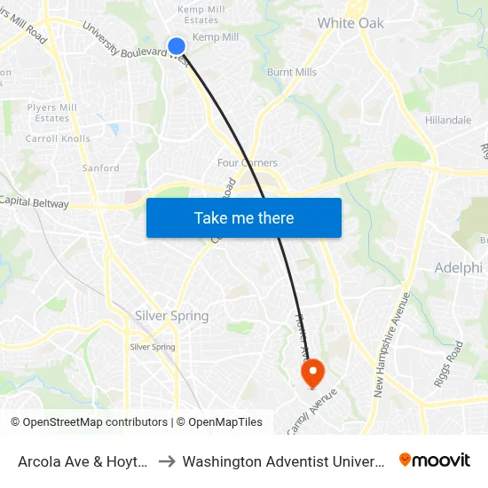 Arcola Ave & Hoyt St to Washington Adventist University map