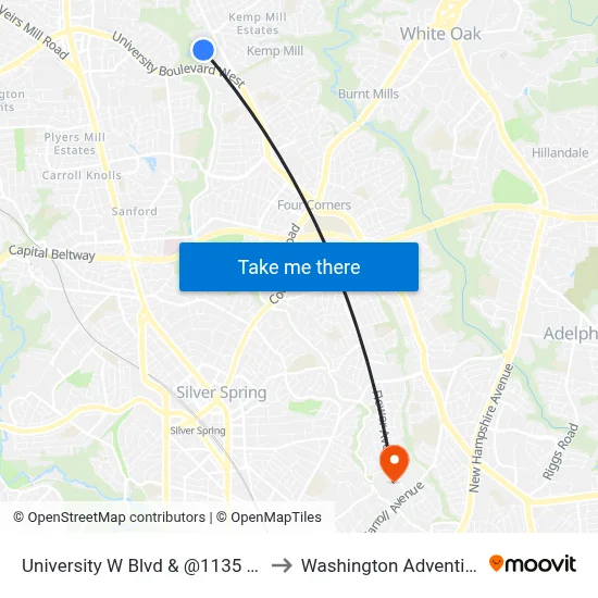 University W Blvd & @1135 (Arcola Towers) to Washington Adventist University map