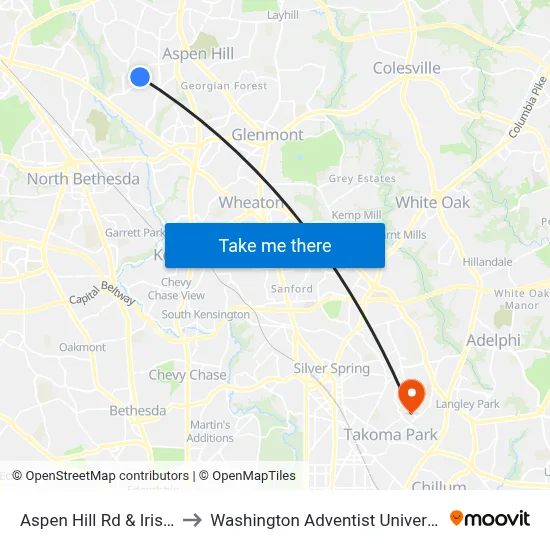 Aspen Hill Rd & Iris St to Washington Adventist University map