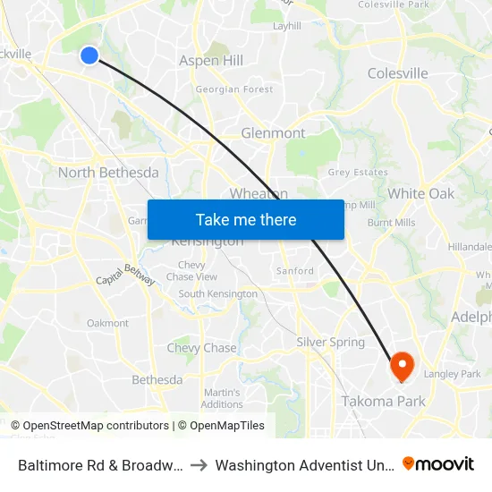 Baltimore Rd & Broadwood Dr to Washington Adventist University map