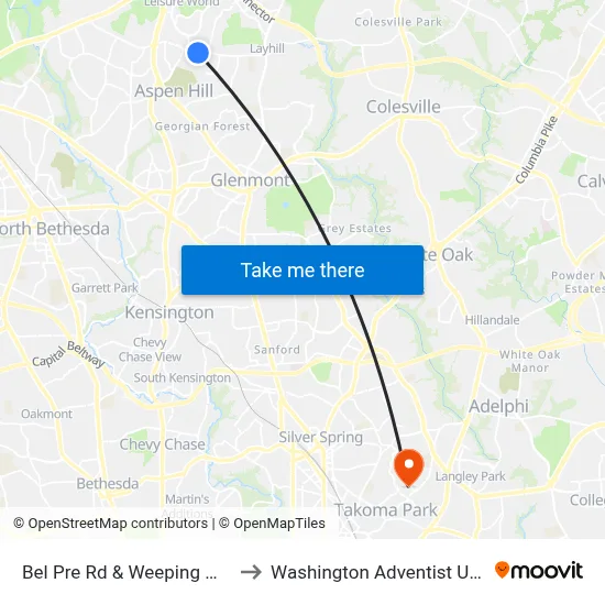 Bel Pre Rd & Weeping Willow Dr to Washington Adventist University map