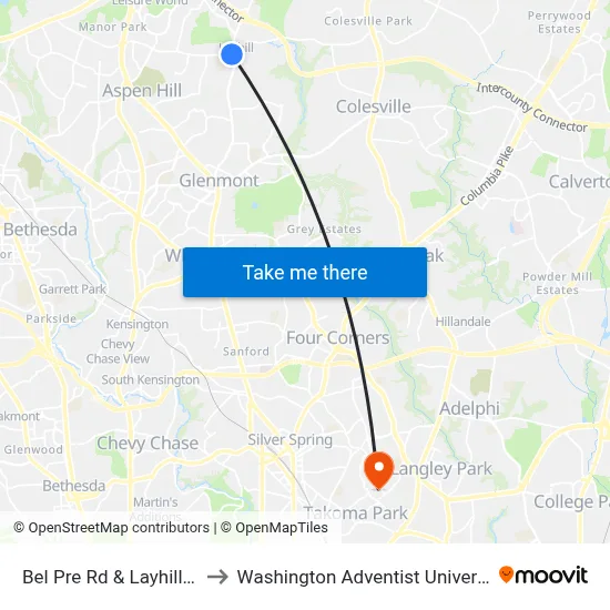 Bel Pre Rd & Layhill Rd to Washington Adventist University map
