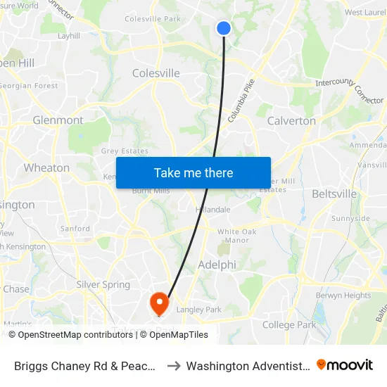 Briggs Chaney Rd & Peach Orchard Rd to Washington Adventist University map