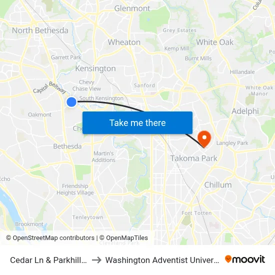 Cedar Ln & Parkhill Dr to Washington Adventist University map