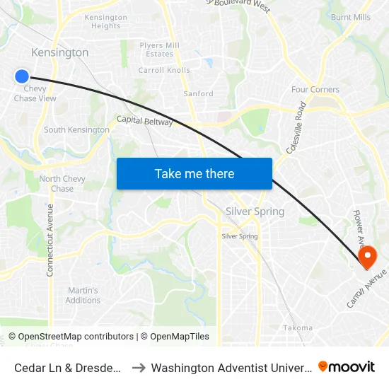 Cedar Ln & Dresden St to Washington Adventist University map