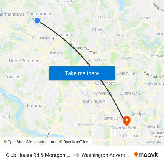 Club House Rd & Montgomery Village Ave to Washington Adventist University map