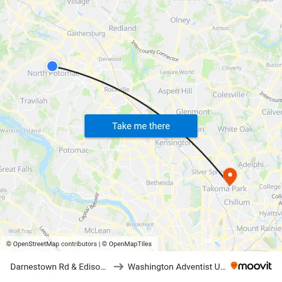 Darnestown Rd & Edison Park Dr to Washington Adventist University map