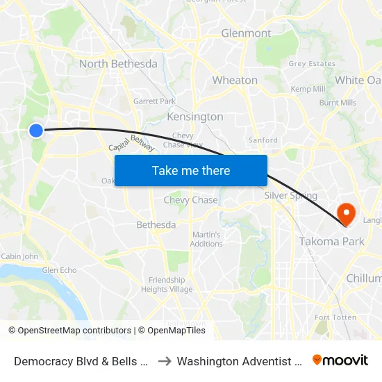 Democracy Blvd & Bells Mill (E) Rd to Washington Adventist University map