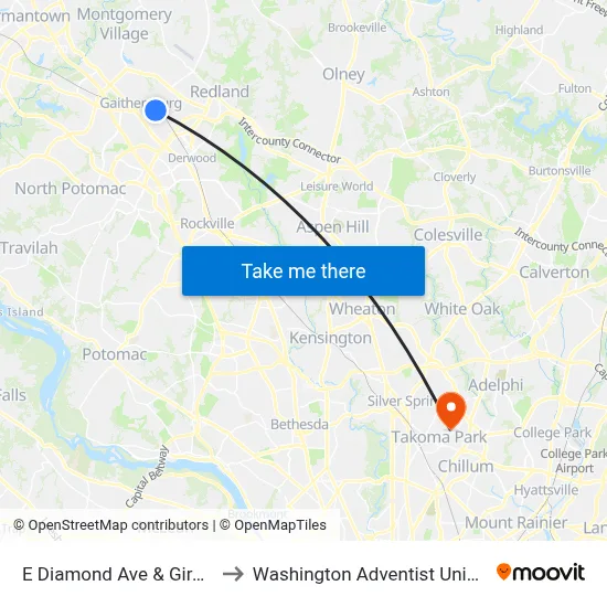E Diamond Ave & Girard St to Washington Adventist University map