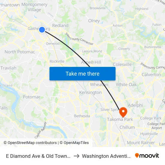 E Diamond Ave & Old Towne Youth Center to Washington Adventist University map