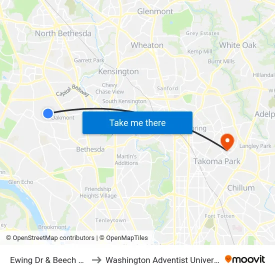 Ewing Dr & Beech Ave to Washington Adventist University map