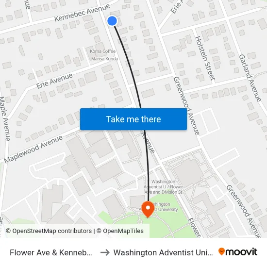 Flower Ave & Kennebec Ave to Washington Adventist University map