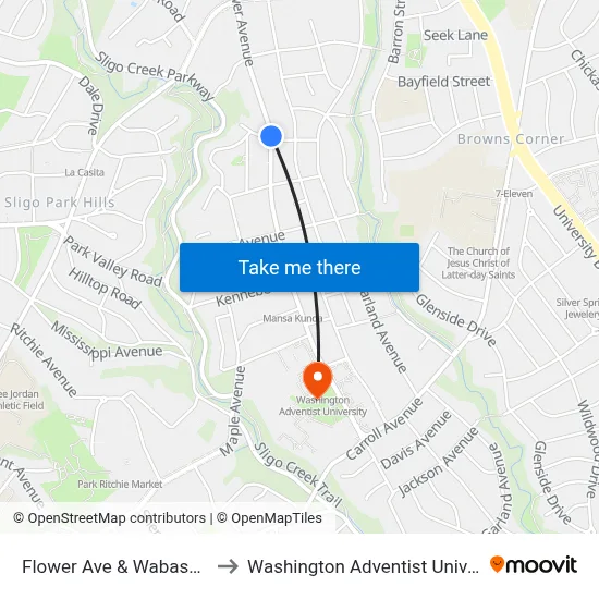 Flower Ave & Wabash Ave to Washington Adventist University map