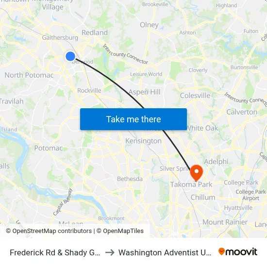 Frederick Rd & Shady Grove Rd to Washington Adventist University map