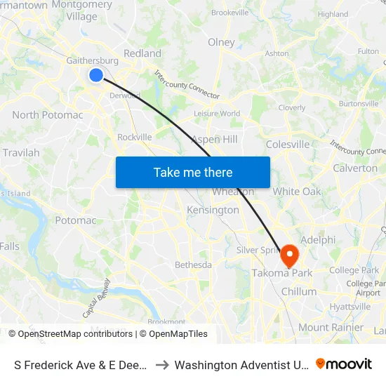 S Frederick Ave & E Deer Park Dr to Washington Adventist University map
