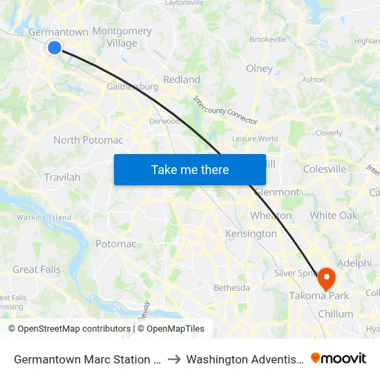 Germantown Marc Station & Parking Lot to Washington Adventist University map