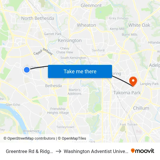 Greentree Rd & Ridge Pl to Washington Adventist University map
