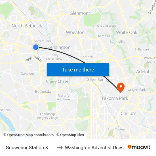 Grosvenor Station & Bay G to Washington Adventist University map